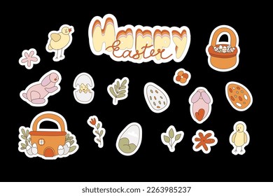 Retro vintage set with easter elements. Basket, eggs, rabbits and chicken in groovy  style. 