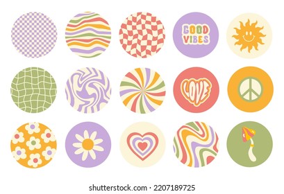 Retro vintage set groovy hippie icon isolated on a white background. Trendy  psychedelic design in style  70s, 80s. Pastel colors. Vector illustration. 