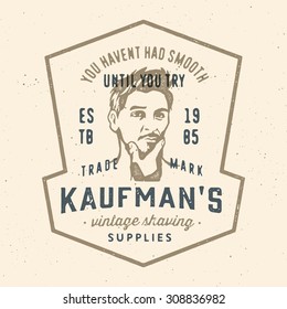 Retro vintage shaving company t shirt apparel print graphics. Old fashioned badge emblem logo label design. Beautiful young male face portrait vector illustration. 