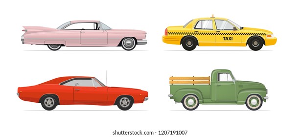 Retro Vintage Side View Cars Set. Muscle Car. Pickup Truck. Taxi Car. Pink Car. Isolated cars set on white background. Vector illustration.