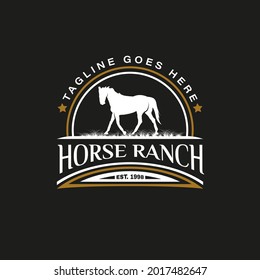 Retro Vintage Silhouette Horse Ranch Logo Design. Countryside western country farm ranch logo vector illustration design graphic