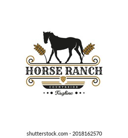 Retro Vintage Silhouette Horse Ranch Logo Design. Countryside western country farm ranch logo vector illustration design graphic