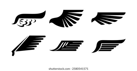 Retro or vintage silhouettes of black wings with feathers and plumage. Vector isolated angel, devil or avian animal bird part of body. Costume piece, fantasy winged decor or tattoo sketch