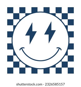 Retro vintage smiling face with Lightning Bolt emoji drawing. Vector illustration design for fashion graphic, t-shirt print.