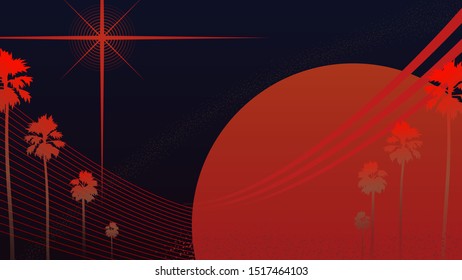 Retro vintage Space Odyssey vibe with tropical palm trees in black and orange color theme, simple nostalgia feelings