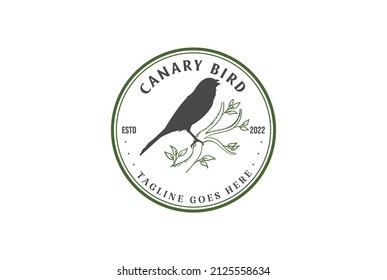 Retro Vintage Sparrow Canary Robin Bird Silhouette with Tree Branch Badge Emblem Label Logo Design Vector