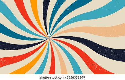 Retro vintage spiral wavy rays sunburst background pattern radial spiral stripes burst comic beam lines grunge texture circus carnival summer backdrop vector illustration groovy retro swirl burst.