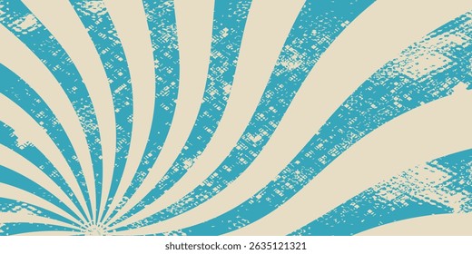 Retro vintage spiral wavy sun rays, blue background pattern, radial spiral stripes, comic ray stripes, grunge texture, circus, carnival, summer background, vector illustration.