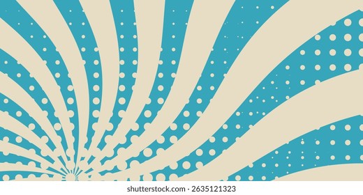 Retro vintage spiral wavy sun rays, blue background pattern, radial spiral stripes, comic ray stripes, grunge texture, circus, carnival, summer background, vector illustration.