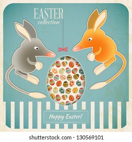 Retro Vintage square Card with Easter Australian Bilby and Egg. Vector Illustration.