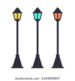 Retro Vintage Streetlights, Streetlamps And Lamp Posts Flat Style Vector Illustration