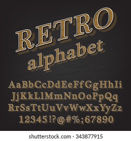 Retro Vintage Style Alphabet font with Lined Shadow. Type letters, numbers and punctuation marks. Vintage design vector font.