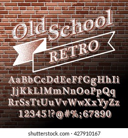 Retro Vintage Style Alphabet with Lined Shadow on the red brick wall. Old school type font letters, numbers and punctuation marks. Vintage font design vector.