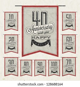 Retro Vintage style anniversary greeting card collection with calligraphic design. Template of anniversary, jubilee or birthday card. Hand Drawn calligraphic and typographic design.