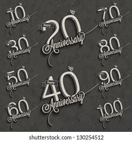 Retro Vintage style anniversary greeting card collection with calligraphic design. Template of anniversary, jubilee or birthday card. Hand lettering calligraphic and typographic design.