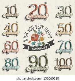 Retro Vintage style anniversary greeting card collection with calligraphic design. Template of anniversary, jubilee or birthday card. Hand lettering calligraphic and typographic design. Vector Flowers