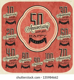 Retro Vintage style anniversary greeting card collection with calligraphic design. Template of anniversary, jubilee or birthday card. Hand lettering calligraphic and typographic design.