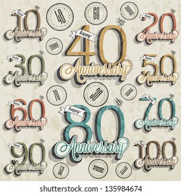 Retro Vintage style anniversary greeting card collection with calligraphic design. Template of anniversary, jubilee or birthday card. Hand lettering calligraphic and typographic design.