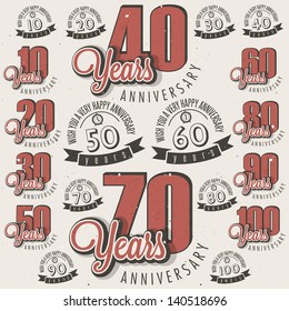 Retro Vintage style anniversary greeting card collection with calligraphic design. Template of anniversary, jubilee or birthday card. Hand lettering calligraphic and typographic design.