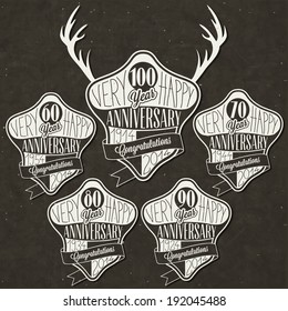 Retro Vintage style anniversary greeting card collection with calligraphic design. Template of anniversary, jubilee or birthday card. Hand Drawn calligraphic and typographic design. Deer silhouette.