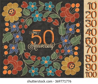 Retro Vintage style anniversary greeting card collection with calligraphic design. Template of anniversary, jubilee or birthday card. Hand lettering calligraphic and typographic design. Vector Flowers