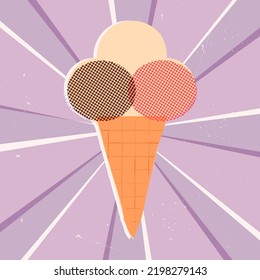 Retro, vintage style banner with gelato, frozen yogurt, or Ice cream cone with 3 various scoops of chocolate, vanilla, and strawberry taste. Vector illustration with refreshing summer dessert.
