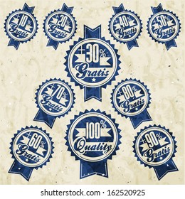 Retro vintage style big reductions signs collection, plus gratis percent labels and one Hundred percent quality label . Vector