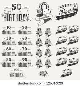 Retro Vintage style Birthday greeting card collection in calligraphic design. Vintage calligraphic and typographic style Happy Birthday hand lettering collection. Vector