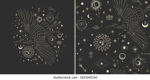 Retro vintage style engraving. space elements and crane bird. trend print design. Vector graphics