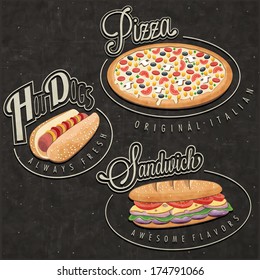 Retro vintage style fast food designs. Set of Calligraphic titles and symbols for foods. Hand lettering style. Pizza, Sandwich and Hot Dog realistic illustrations. Old fashioned fast food collection.