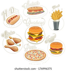 Retro vintage style fast food designs. Set of Calligraphic titles and symbols for foods. Pizza, Sandwich, Hot Dog, French Fries, Hamburger, Cheeseburger and Drumstick realistic illustrations. 