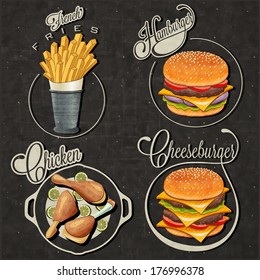 Retro vintage style fast food designs. Set of Calligraphic titles and symbols for foods. Hand lettering style. French Fries, Hamburger, Cheeseburger and Drumstick realistic illustrations. 