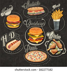 Retro vintage style fast food designs. Set of Calligraphic titles and symbols for foods. Pizza, Sandwich, Hot Dog, French Fries, Hamburger, Cheeseburger and Drumstick realistic illustrations.