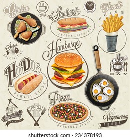 Retro vintage style fast food designs. Set of Calligraphic titles and symbols for foods. Pizza, Sandwich, Hot Dog, French Fries, Hamburger, Cheeseburger and Drumstick realistic illustrations.