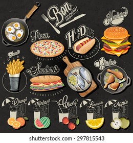 Retro vintage style fast food and drinks designs. Set of Calligraphic titles and symbols for food and drinks. Realistic illustration. Creative vector. Bon appetite!