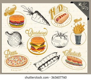 Retro vintage style fast food designs. Set of Calligraphic titles and symbols for foods. Pizza, Sandwich, Hot Dog, French Fries, Hamburger, Cheeseburger and Drumstick realistic illustrations. 