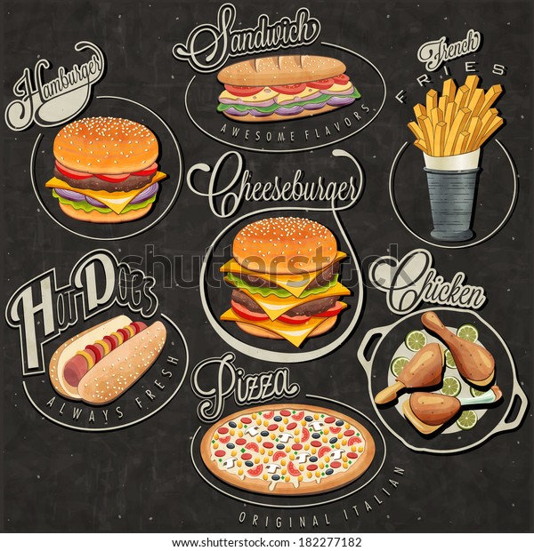 レトロなビンテージスタイルのファストフードデザイン 食品の書名と記号のセット ピザ サンドイッチ ホットドッグ フライドポテト ハンバーガー チーズバーガー ドラムスティックのリアルなイラスト のベクター画像素材 ロイヤリティフリー