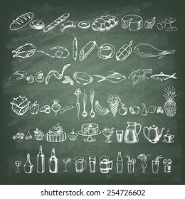 Retro vintage style food design on the green blackboard . Hand drawn elements for cooking, vegetables, restaurant and vegetarian food. Vector illustration.