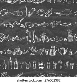 Retro vintage style food design on the blackboard. Hand drawn elements for cooking, vegetables, restaurant and vegetarian food.  Seamless pattern. Vector illustration.