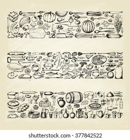 Retro vintage style food design. Hand drawn elements for cooking, vegetables, restaurant and vegetarian food. Vector illustration.
