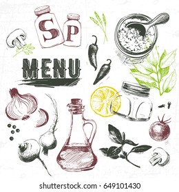 Retro vintage style food design. Hand drawn elements for cooking, vegetables, restaurant and vegetarian food.