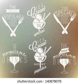 Retro vintage style foods and designs. Set of Calligraphic titles and symbols. Most Popular Drinks. Most Popular Foods. Most Popular Ice Cream. Special Foods. special Drinks. Fast food. Vector