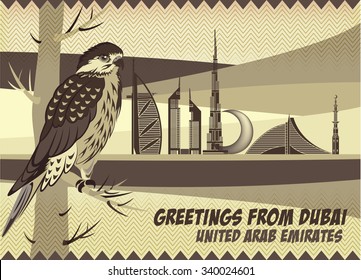 A Retro Vintage Style Greeting Card Featuring Dubai's Landmarks Skyline Sand Dunes and the Arabian Falcon (Hawk)
