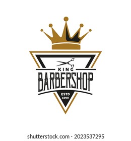 Retro Vintage Style for King Barber Shop Logo Design. With crown, moustache, and scissors icons in gold, black and white colors. Premium and Luxury Logo Template