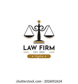 Retro Vintage Style for Law Firm Logo Design. With weight scales, star, shield icons in gold, black and white colors. Premium and Luxury Logo Template