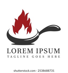 Retro Vintage style logo of frying pan with red fire burning on top suitable for food business, restaurant