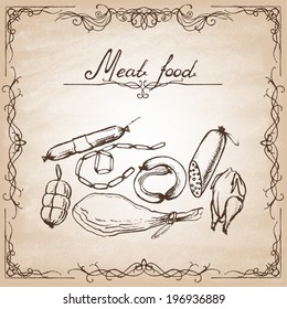 Retro vintage style meat food design. Hand drawn elements. Vector illustration.