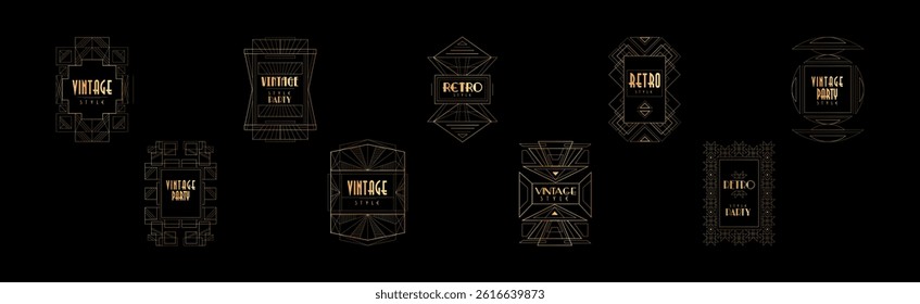 Retro Vintage Style Party Golden Label and Insignia on Black Background Vector Set