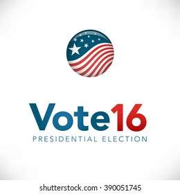 Retro or Vintage Style Red White and Blue Patriotic Vote 16 Presidential Election with Pin Button or Badge.  Use this banner on infographics, blog headers, flyers, or web pages.  