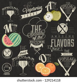 Retro vintage style restaurant menu designs. Set of Calligraphic titles and symbols for restaurant. Hand lettering restaurant menu design. Orange, melon and apple illustrations.  Fast Food. Vector 